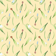 Seamless pattern with snowdrops and muscari on a yellow background.
