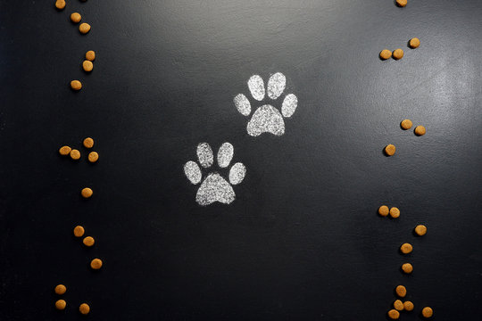 Food and animal tracks. Drawing on a black chalkboard