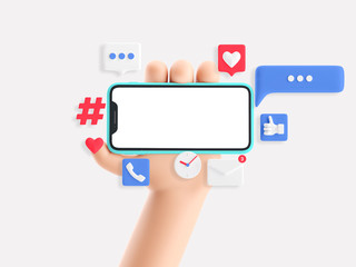 Cartoon device Mockup with icons. Cartoon hand holding phone on white background. 3d illustration. Social Media Concept.