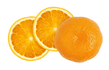 Two slices of sweet juicy orange fruit and a half isolated on white background