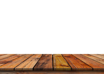 Brown empty wooden table top isolated on white background, used for product placement or Wooden board empty mock up for display of product.There are Clipping Paths for the designs and decoration