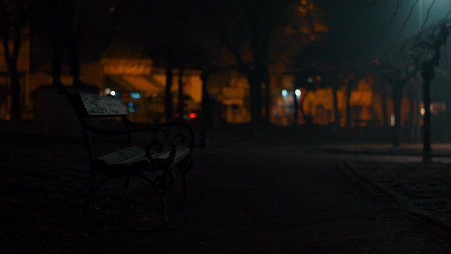 Bench in a park at night low light dark and moody