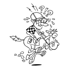 Jockey on horse running horse race, black and white cartoon joke
