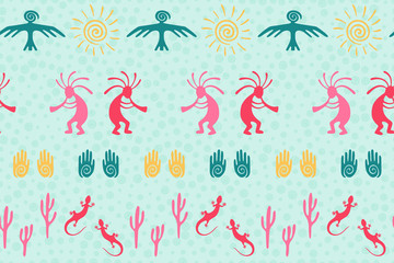 design with humpbacked man playing flute musical instrument.