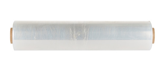 A roll of plastic wrap on a cardboard spool, isolated on a white background. Side view. - 319761606