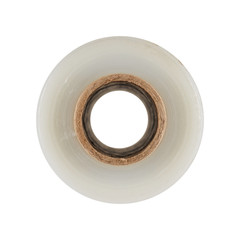 Roll of plastic film on a cardboard coil, isolated on a white background. End view.