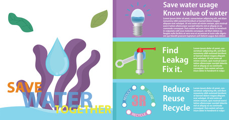 Save water concept. Ways to help save water 3 options. infographic template for presentation.