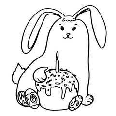 Easter cake and cute rabbit. Hand drawn outline vector stock illustration. Isolated on white background. Happy Easter concept. Doodle. Flat cartoon bunny. Line art. Black and white. Coloring page.