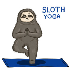 Sloth yoga. Hand drawn  funny sloth in yoga pose on blue carpet. Isolated on white background. Copy space. Funny mammal. Cartoon. Clip art. Animal illustration.