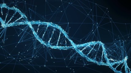 Abstract representation of digital binary plexus DNA molecule strand helix spiral. For visuals, biology, biotechnology, chemistry, science, Medicine, cosmetics or as motion background. Seamless Loop. - Powered by Adobe