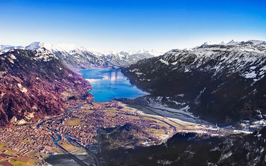 Aerial panorama of city of Interlaken and Brienz lake