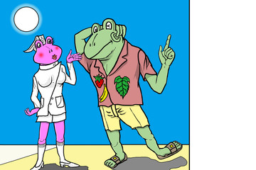 カエルが楽しそうに会話をしている様子を描きました。