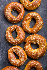 Bagel sesame golden bake color, soft inside, crispy outside. top view
