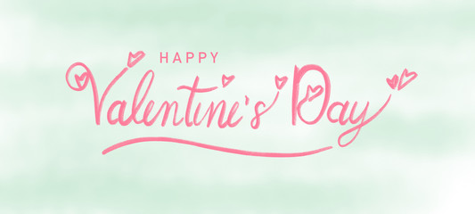 Happy valentine’s day illustration greeting card banner, Pink valentine hand lettering, calligraphy style and heart shape on green watercolor background, love sign