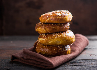 Bagel sesame golden bake color, soft inside, crispy outside. top view