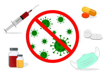 Coronavirus. Vaccine for coronavirus 2019-nCoV. Vector isolated illustration of vaccine, medical injection and coronavirus.  Stop coronavirus.