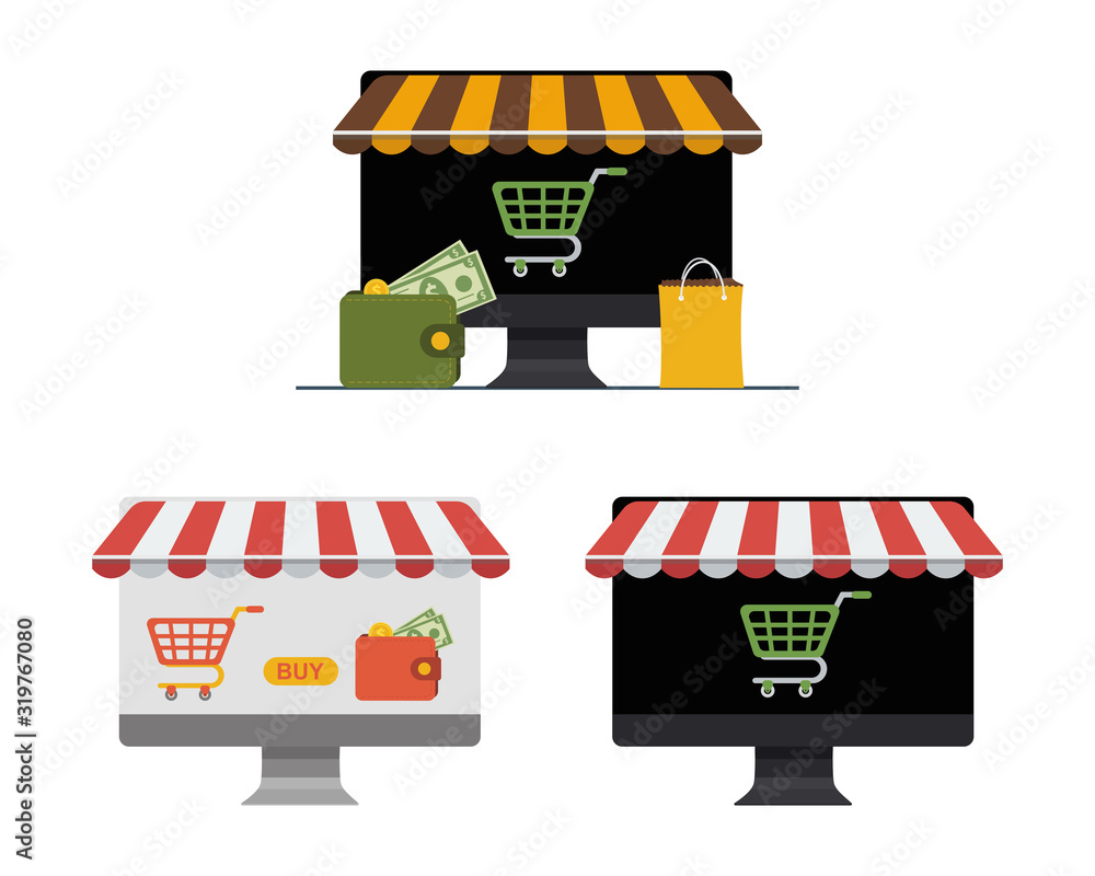 Poster conceptual set of purchases in the online store on a computer.