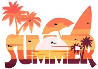 Summer. Silhouette palm tree on beach under sunset sky background.