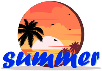 Summer. Silhouette palm tree on beach under sunset sky background.