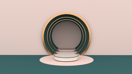 Round marble pedestal, golden border and green floor, and pink walls with circular arches.The golden frame can be used for commercial advertising Isolated on pink background, illustration,3D rendering