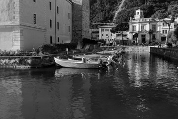 Small port in the center of Riva del Garda. Black and White.