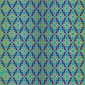 seamless blue gold ornate Moroccan tile pattern