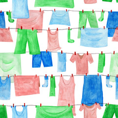 Seamless pattern of hand drawn colorful watercolor clothes drying on the rope. Wet dresses, panties, shorts, sock and others drying on the clothesline. Laundry endless print on white backdrop.