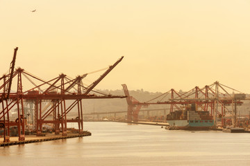 Fototapeta na wymiar Cranes, cargo ship and containers at Port of Seattle terminal at sunset, Washington, USA
