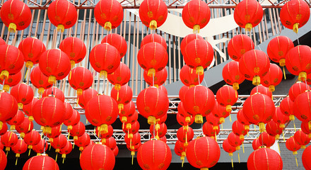 Fototapeta na wymiar Set of Red Chinese Lanterns Circular.Always found in Chinatown, decor for Asian New Year.(Translation for Chinese characters the word means good luck)