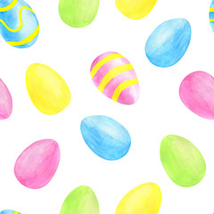 Watercolor traditional Easter colored eggs seamless pattern. Hand drawn illustration isolated on white background. Blue, pink, green, yellow eggs for cards, decoration, posters, design, wrapping.