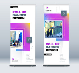 Blue Business Roll Up Banner. Abstract Roll up background for Presentation. Vertical roll up, x-stand, exhibition display, Retractable banner stand or flag design layout for conference. Set - GB075.
