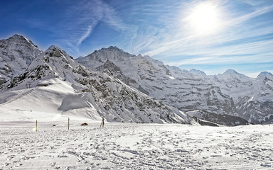 Monch, Jungfrau and Tschuggen alpine peaks in winter