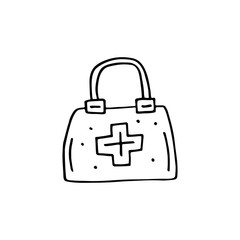 Emergency bag cartoon doodle hand drawn vector illustration, icon, sticker. Black line art design. Isolated on white background. Easy to change color. Medicine, health care, protection.