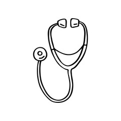 Stethoscope, medical equipment cartoon doodle hand drawn vector illustration, icon, sticker. Black line art design. Isolated on white background. Easy to change color. Medicine, health care.