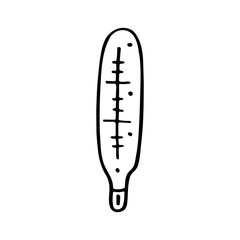Medical thermometer cartoon doodle hand drawn vector illustration, icon, sticker. Black line art design. Isolated on white background. Easy to change color. Medicine, health care, protection.