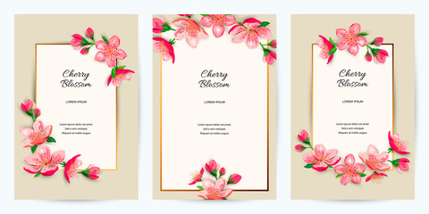 Spring invitations with blossom sakura, cherry flowers. Place for text. Great for oriental ivite, flyer, beauty offer, wedding, bridal shower, poster, baby shower, Mother's and Woman's day.