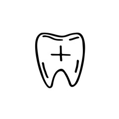 Tooth symbol, dentist cartoon hand drawn doodle vector illustration, icon, sticker. Black line art design. Isolated on white background. Easy to change color. Medicine, health care, protection.