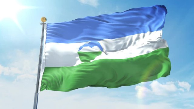 Kabardino Balkaria flag waving in the wind against deep blue sky. National theme, international concept. 3D Render Seamless Loop 4K