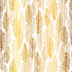 Vector seamless pattern with golden autumn leaves. Hand drawn stylized nature design. Elegant repeat for packaging, wrapping paper, wallpaper.