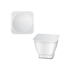 White plastic container with plastic wrap and foil cover for dairy products, yogurt, cream, dessert, jam. Side and top view. Vector square pack mockup template