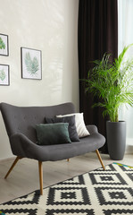 Comfortable sofa in room. Idea for interior design