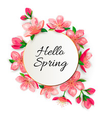 Hello Spring with blossom sakura, cherry flowers. Place for text. Great for spring sale, oriental ivite, flyer, beauty offer, wedding, bridal shower, poster, baby shower, Mother and Woman day.