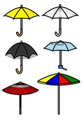 晴れの日や雨の日に使用するさまざまな色や形の傘