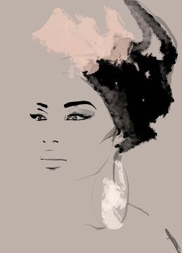 African American illustration for fashion banner. Trendy woman model background. Afro hair style girl. Black queen. Dhuku.