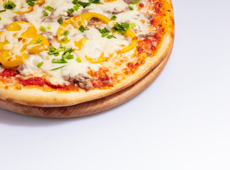 Close up Italian hot Pizza isolated on white background. Studio photo. Food concept.