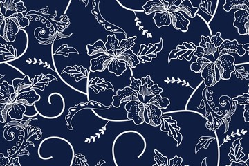Seamless pattern with floral vector Illustration, Indonesian batik motif