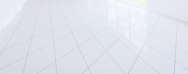 White tile floor background in panorama perspective view. Clean and shiny with grid line texture. For bathroom, kitchen, laundry room. And empty or copy space for product display. 3d render.