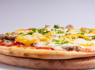 Close up Italian hot Pizza isolated on white background. Studio photo. Food concept.