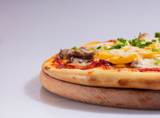 Close up Italian hot Pizza isolated on white background. Studio photo. Food concept.