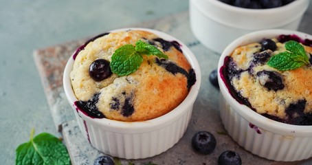 Homemade Blueberry Muffin for one baked in a ramekin, selective focus